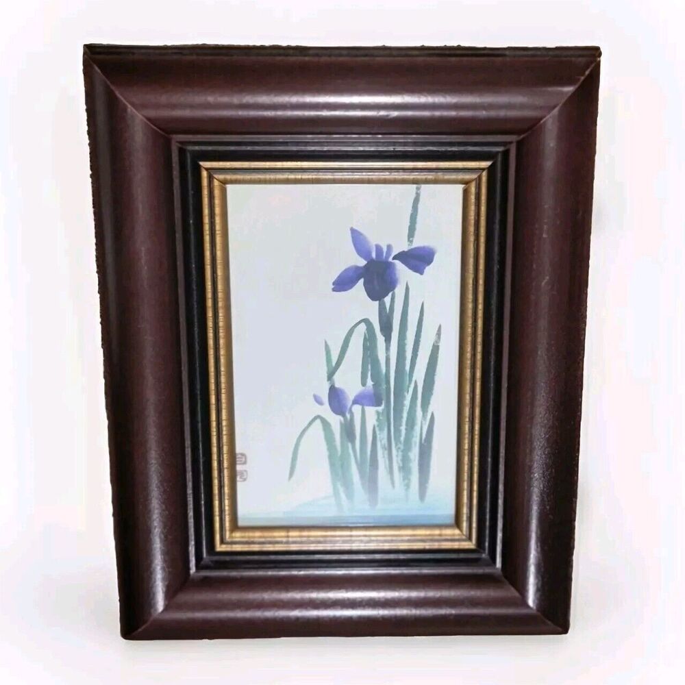 Irises Late Meiji Era Framed Postcard Hand painted On Silk Adhered To Cardstock
